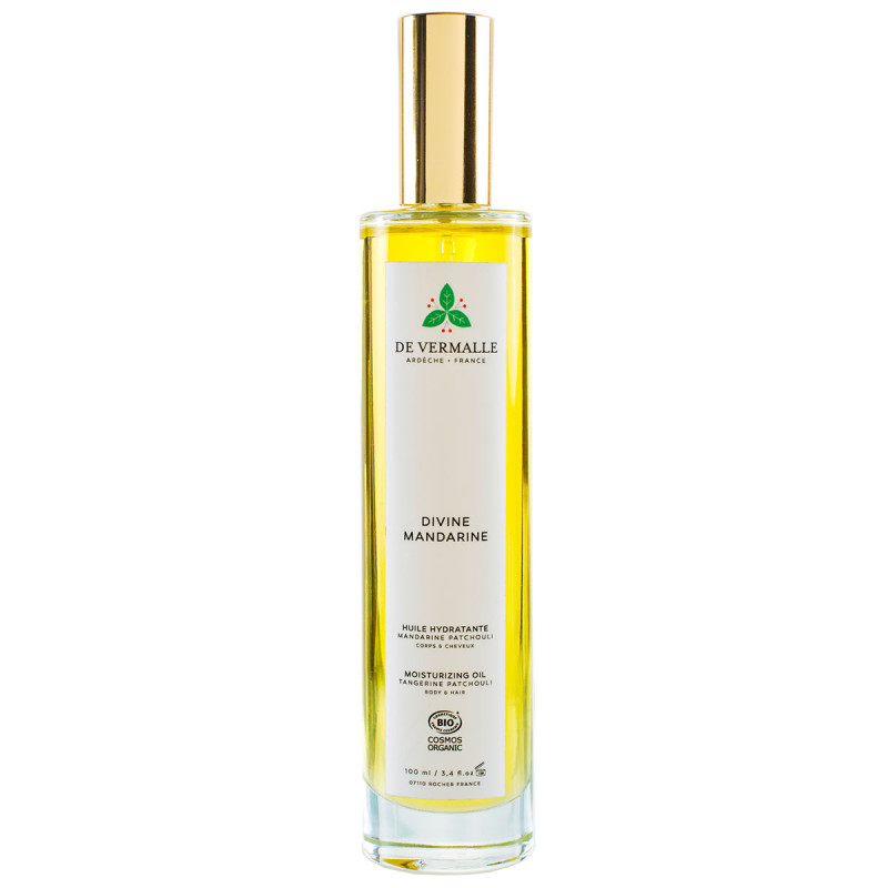 Huile fine hydratante parfumée corps cheveux aux huiles essentielles et végétales Divine Mandarine De Vermalle