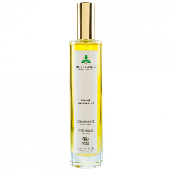Huile fine hydratante parfumée corps cheveux aux huiles essentielles et végétales Divine Mandarine De Vermalle
