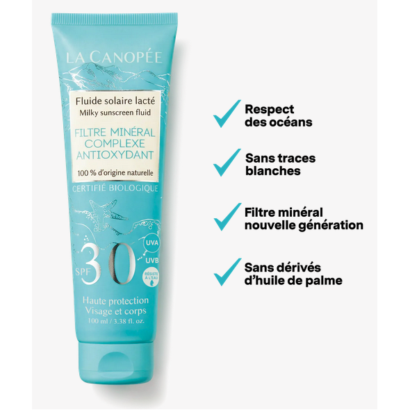 Fluide Solaire Lacté SPF30 La Canopée protection minérale naturelle visage et corps